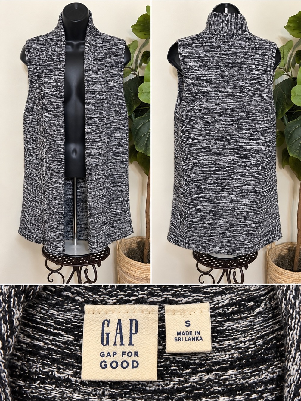 GAP Black & White Marled Sleeveless Open-Front Tunic Vest